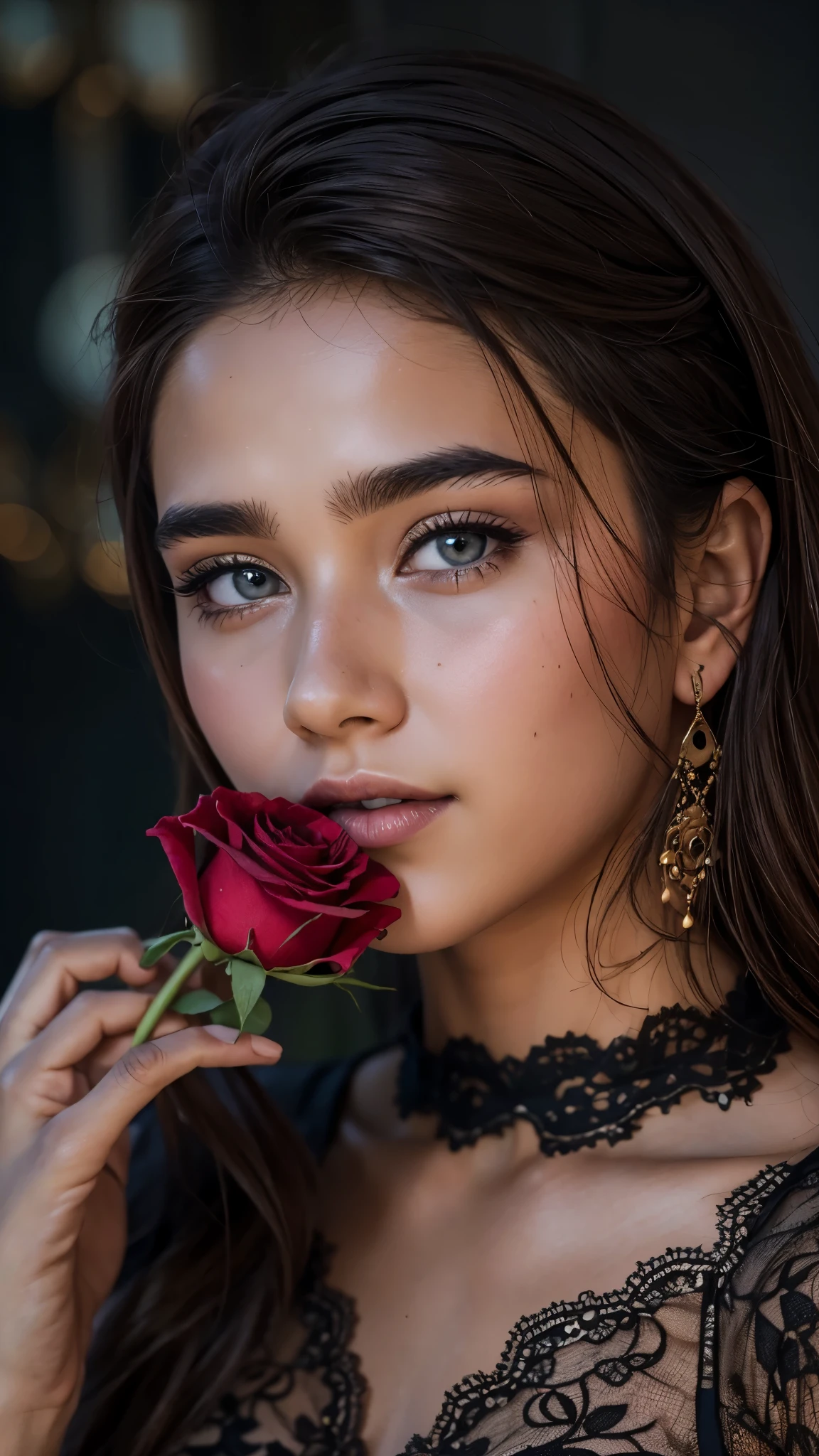 8k, RAW photo, Fujifilm, style photo of a beautiful 16 year old woman, square face, a red rose on the neck, wearing black lace dress with red, golden earrings, strong features like a spinning dove, (highly detailed skin: 1.2), medium brown hair with lights, film grain, 35mm, cute style