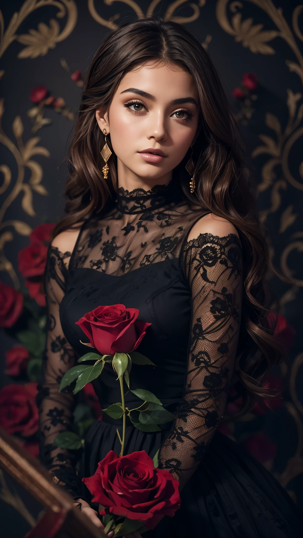 8k, RAW photo, Fujifilm, style photo of a beautiful  woman, square face, a red rose on the neck, wearing black lace dress with red, golden earrings, strong features like a spinning dove, (highly detailed skin: 1.2), medium brown hair with lights, film grain, 35mm, cute style