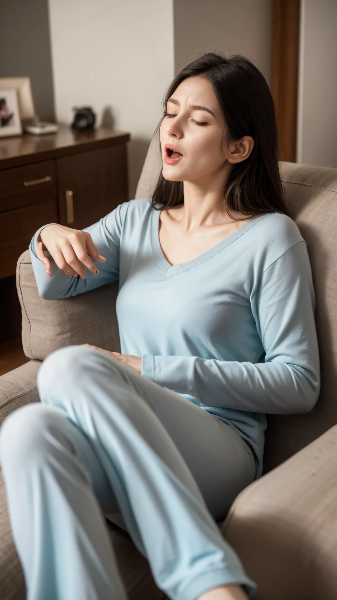 Surrealism, high detail, movie lighting, Ray tracing, perspective, Shoot at eye level, ultra high definition, masterpiece, Fair skin, 4K, best quality,A middle-aged woman lying on the sofa in the living room,Open your mouth,eyes closed,wearing pajamas,moan,tease,