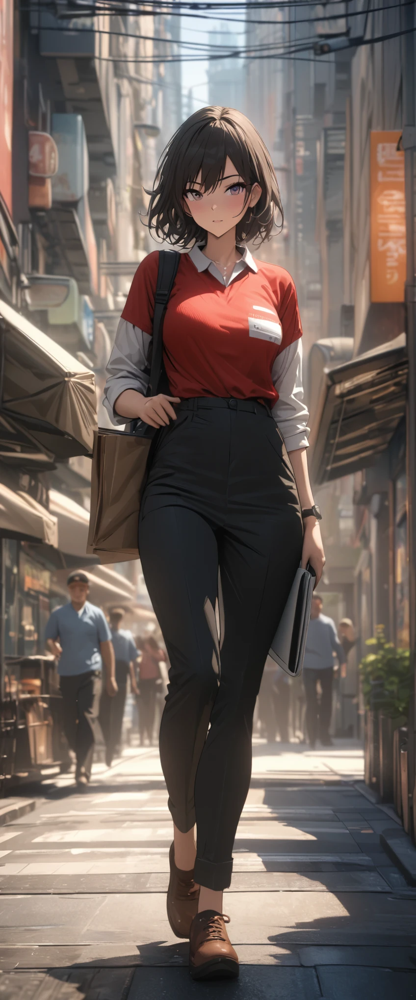 Female courier, work clothes, On the way to deliver express, on city streets, high detail, 4K, masterpiece.