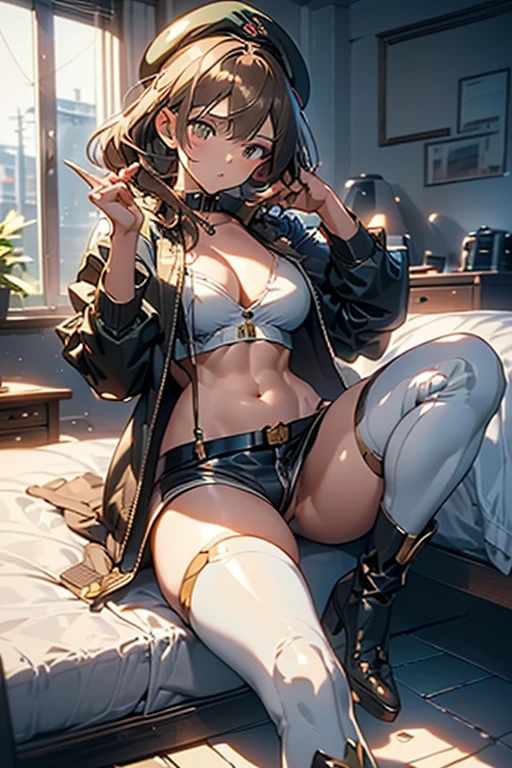 ubel,dark green hair,long hair,side ponytail,hair between eyes,bangs,  (beret, black jacket, open clothes, cleavage, midriff, (Make the subject look three-dimensional with the contrast of light and shadow),Cute and beautiful 22yo girl,(masterpiece:1.2), best quality, high resolution, unity 8k wallpaper, (illustration:0.8), (beautiful detailed eyes:1.6), extremely detailed face, perfect lighting, extremely detailed CG, (perfect hands, perfect anatomy),(brown eyes: 1.1),Brown hair,watching at viewers,black suspenders,(Bulging ,big breasts:1.1),tacticul jacet,Black miniskirt,garters,Gaze,Small face,bangss,holster,Belt Armament,Beautuful Women　srestrained,hands up,sitting Lying in bed,Leg holster ,Gaze,black boots,panty shot, extremely detailed face, perfect lighting, extremely detailed CG,