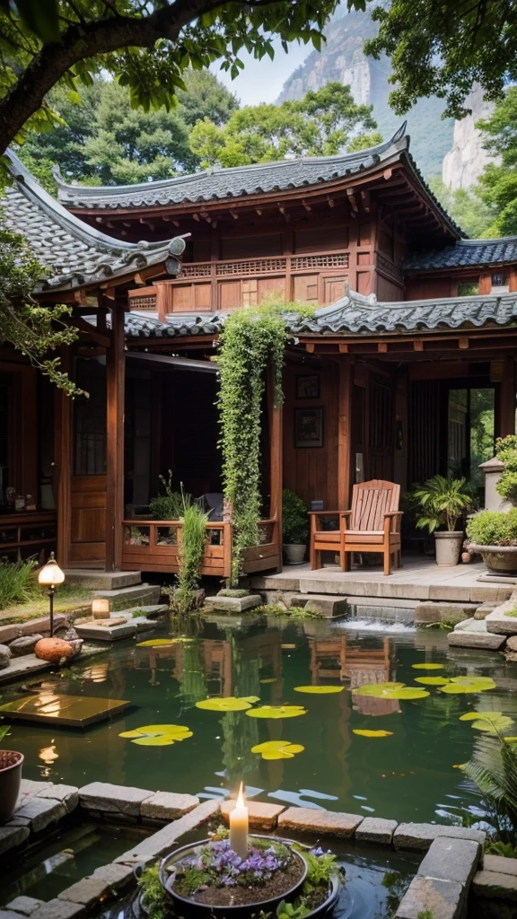 There is a small pond in the middle of the terrace, There is a fish pond and courtyard, Comfortable and peaceful atmosphere, Luxurious environment, Portrait shoot, Quiet and peaceful atmosphere, A well-designed masterpiece, serene evening atmosphere, Hangzhou, morning light, creek flowing through the house, Quiet and peaceful style, Lush surroundings, peaceful cabin, wonderful masterpiece, hou china