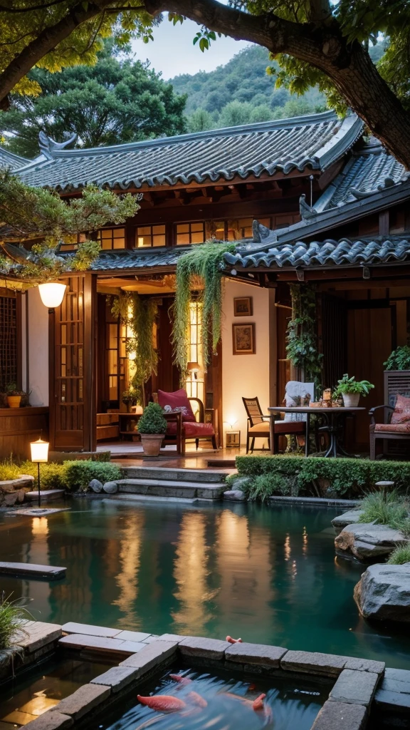 There is a small pond in the middle of the terrace, There is a fish pond and courtyard, Comfortable and peaceful atmosphere, Luxurious environment, Portrait shoot, Quiet and peaceful atmosphere, A well-designed masterpiece, serene evening atmosphere, Hangzhou, morning light, creek flowing through the house, Quiet and peaceful style, Lush surroundings, peaceful cabin, wonderful masterpiece, hou china