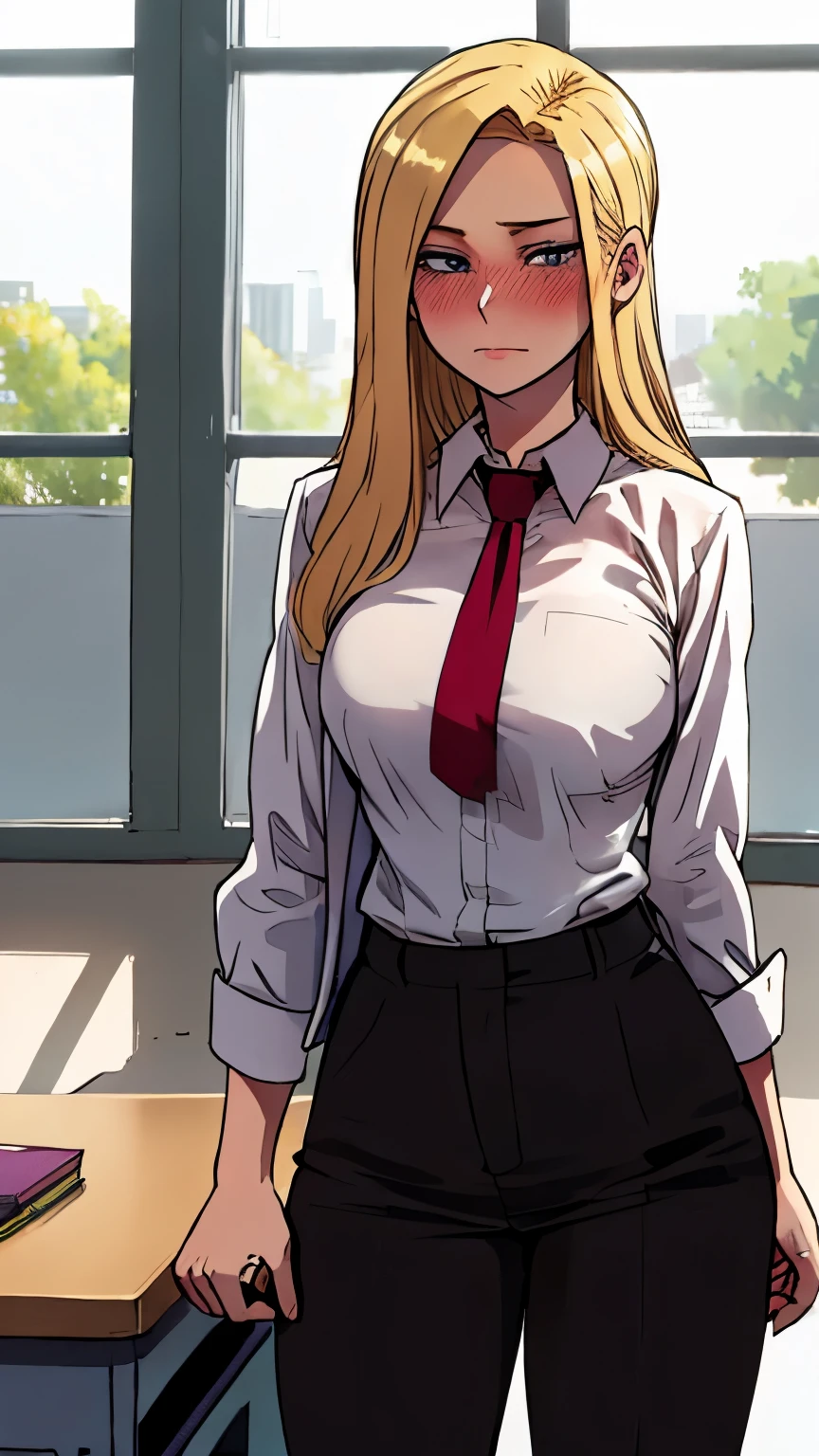 Girl with blond hair at school, In a shirt and trousers, blushes, standing straight