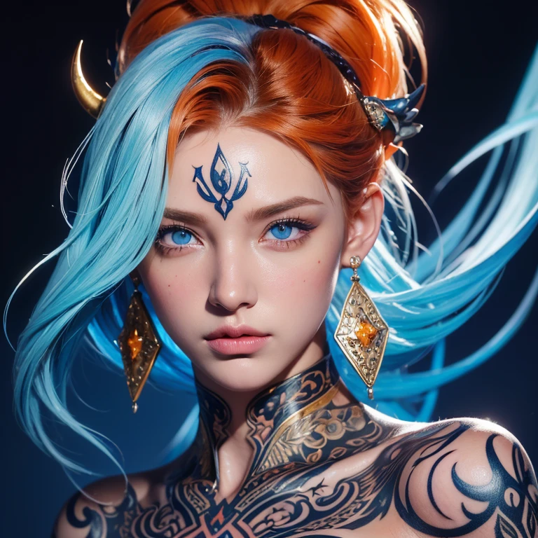 (((masterpiece))), (((highest quality: 1.4))), ((Super detailed: 1.4)) , Highly detailed gouache painting of a female tiefling, gorgeous exotic features, amber neon eyes:1.5,  orange hair, highly detailed facial features, expressive face, detailed texture, blue skin tone, tattoo, natural skin shader, Volumetric, There&#39;s a warm tone beneath her skin, ultra high resolution、super huge breasts、Super big breasts、very big 、saggy breasts、full body image