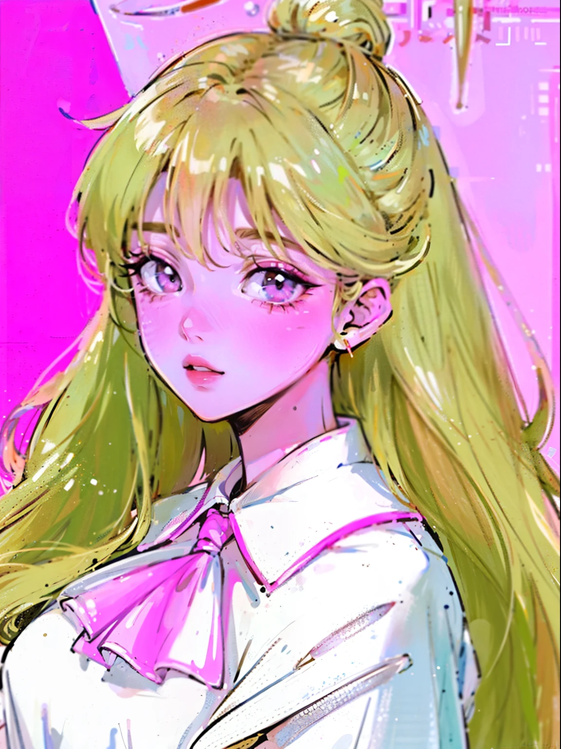 blonde, long light hair, a white blouse, pink lips.
