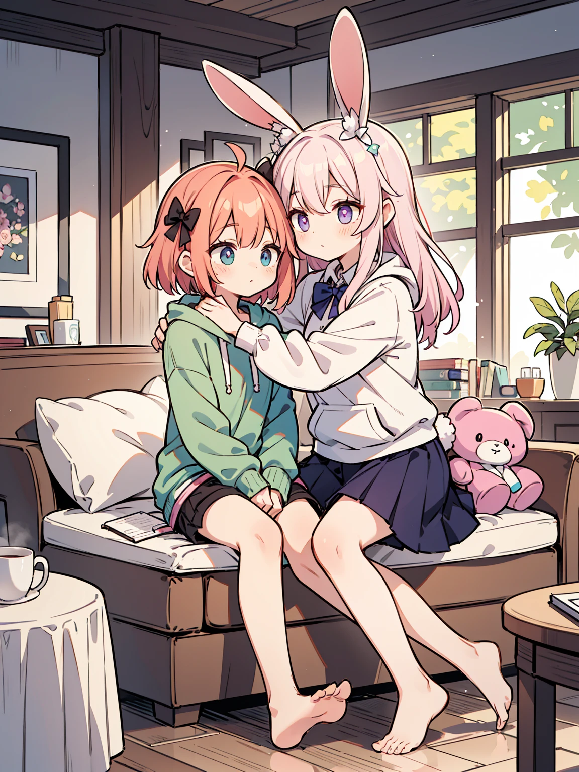 a character in a cozy indoor setting. The character has long, wavy, pastel pink hair styled with a side tail and a white floral hair accessory. Their eyes are a striking shade of purple, gleaming with a gentle expression. The character is wearing a loose-fitting pink hoodie over a dark-colored skirt or shorts. They are sitting on the floor, barefoot, with their legs folded to one side. In their arms, they hold a plush toy of a brown bunny with long ears and a bow tie. The scene is warm and inviting, with a soft glow that suggests a relaxed, comfortable atmosphere. Nearby items include a notebook on the floor and a mug on a small round table, contributing to the laid-back ambiance of the room.