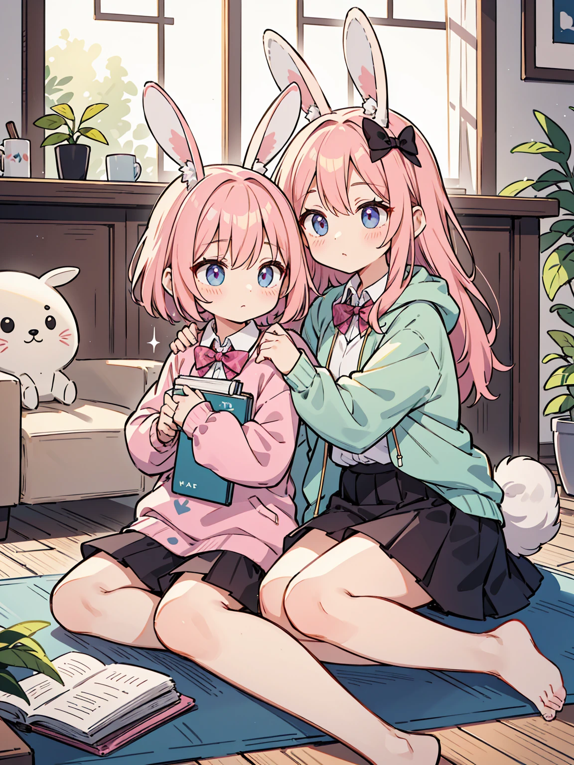 a character in a cozy indoor setting. The character has long, wavy, pastel pink hair styled with a side tail and a white floral hair accessory. Their eyes are a striking shade of purple, gleaming with a gentle expression. The character is wearing a loose-fitting pink hoodie over a dark-colored skirt or shorts. They are sitting on the floor, barefoot, with their legs folded to one side. In their arms, they hold a plush toy of a brown bunny with long ears and a bow tie. The scene is warm and inviting, with a soft glow that suggests a relaxed, comfortable atmosphere. Nearby items include a notebook on the floor and a mug on a small round table, contributing to the laid-back ambiance of the room.