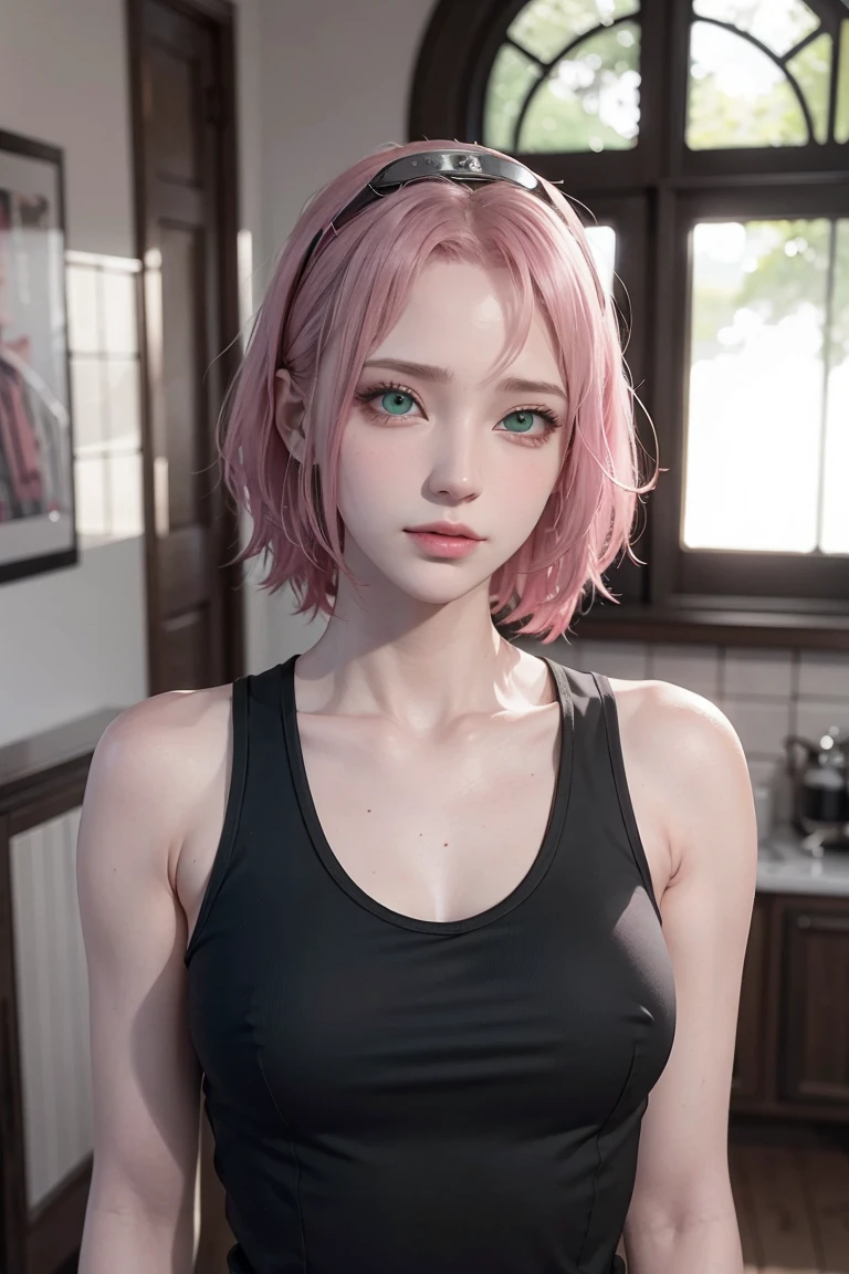 young woman, short shoulder-length pink hair, wide forehead, porcelain skin, pink eyebrows, big emerald green eyes, buttoned nose, full lips, heart-shaped face, slender body, small breasts, red tank top, Sakura Haruno , realistic, realism, details, 3d, well detailed