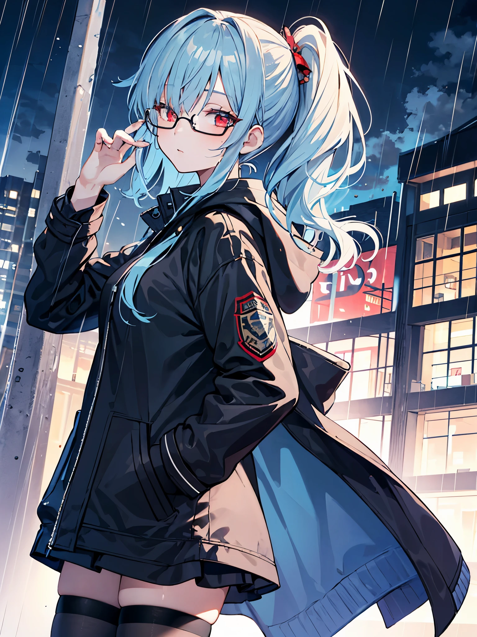1 girl, Age 18, long hair, light blue hair, red eyes, medium sized breast, Wear glasses, night city, rain, coat, hands in pocket, Big shirt, detailed face, from below, from the side, Wide angle shot, Excellent details, Highly detailed, High quality, won, best quality, height, 8k, Cowboy Shot, UHD, Masterpiece, beautiful eyes, Look at the viewer., With a butterfly hair accessory, Wallpaper, very beautiful woman, skirt, I closed one eye., black stockings, side ponytail, starry sky
