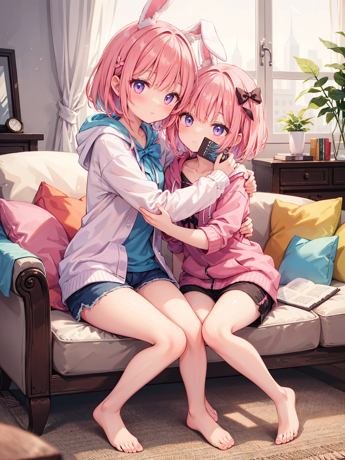 a character in a cozy indoor setting. The character has long, wavy, pastel pink hair styled with a side tail and a white floral hair accessory. Their eyes are a striking shade of purple, gleaming with a gentle expression. The character is wearing a loose-fitting pink hoodie over a dark-colored skirt or shorts. They are sitting on the floor, barefoot, with their legs folded to one side. In their arms, they hold a plush toy of a brown bunny with long ears and a bow tie. The scene is warm and inviting, with a soft glow that suggests a relaxed, comfortable atmosphere. Nearby items include a notebook on the floor and a mug on a small round table, contributing to the laid-back ambiance of the room.