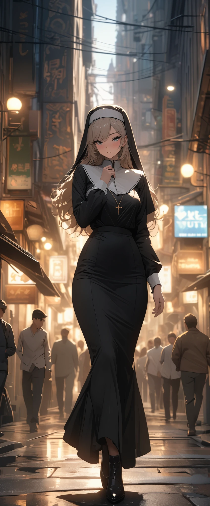 Beautiful nun, on city streets, high detail, 4K, masterpiece.