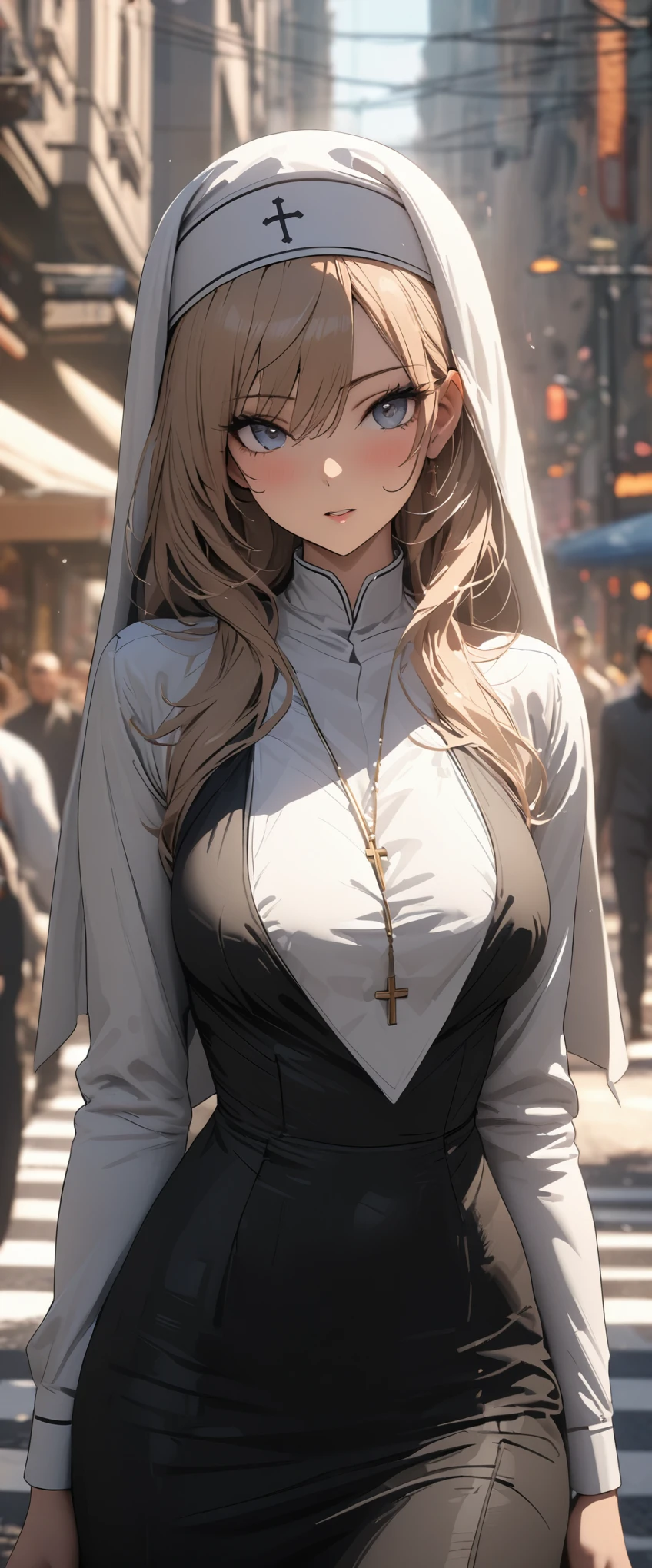 Beautiful nun, on city streets, high detail, 4K, masterpiece.