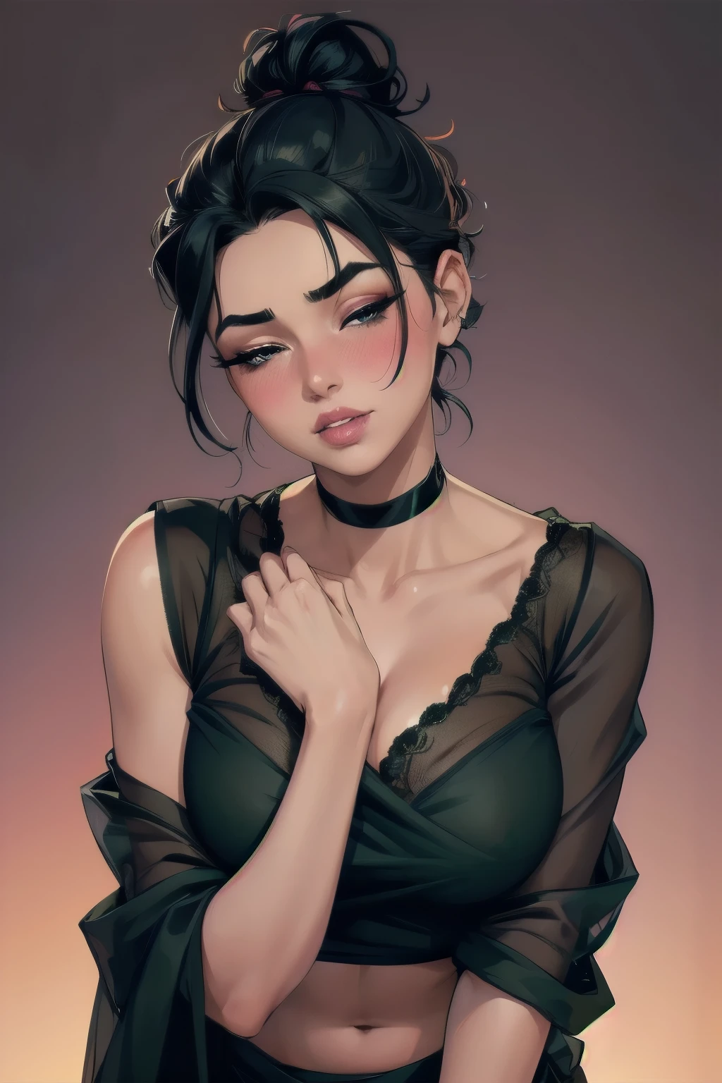 a sexy woman with black hair tied in a messy bun, beautiful detailed eyes, beautiful detailed lips, extremely detailed face, flawless skin, detailed makeup, blushing intensely, flustered expression, lustful gaze, perfect parted lips, wearing a black blouse, sheer dark green saree, dramatic lighting, dramatic shadows, cinematic composition, 8k, best quality, ultra-detailed, photorealistic, vivid colors, dramatic lighting