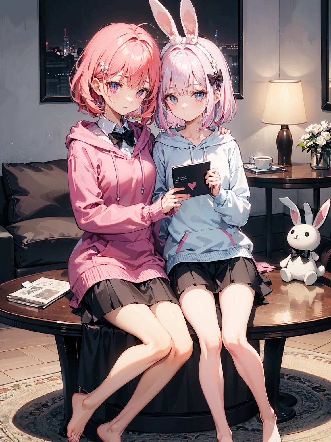 a character in a cozy indoor setting. The character has long, wavy, pastel pink hair styled with a side tail and a white floral hair accessory. Their eyes are a striking shade of purple, gleaming with a gentle expression. The character is wearing a loose-fitting pink hoodie over a dark-colored skirt or shorts. They are sitting on the floor, barefoot, with their legs folded to one side. In their arms, they hold a plush toy of a brown bunny with long ears and a bow tie. The scene is warm and inviting, with a soft glow that suggests a relaxed, comfortable atmosphere. Nearby items include a notebook on the floor and a mug on a small round table, contributing to the laid-back ambiance of the room.