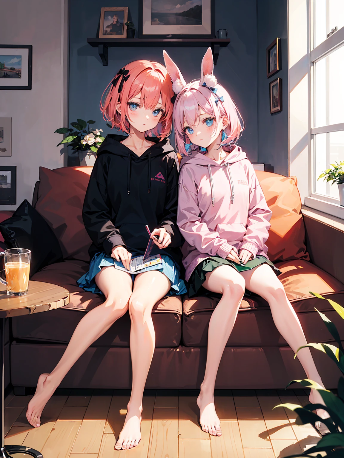 a character in a cozy indoor setting. The character has long, wavy, pastel pink hair styled with a side tail and a white floral hair accessory. Their eyes are a striking shade of purple, gleaming with a gentle expression. The character is wearing a loose-fitting pink hoodie over a dark-colored skirt or shorts. They are sitting on the floor, barefoot, with their legs folded to one side. In their arms, they hold a plush toy of a brown bunny with long ears and a bow tie. The scene is warm and inviting, with a soft glow that suggests a relaxed, comfortable atmosphere. Nearby items include a notebook on the floor and a mug on a small round table, contributing to the laid-back ambiance of the room.