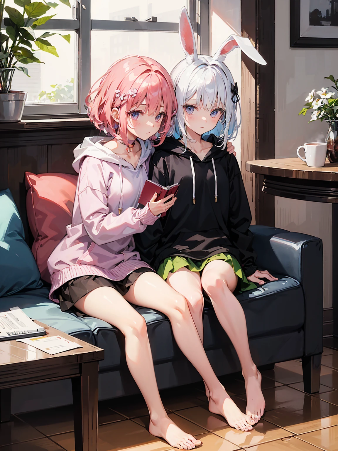a character in a cozy indoor setting. The character has long, wavy, pastel pink hair styled with a side tail and a white floral hair accessory. Their eyes are a striking shade of purple, gleaming with a gentle expression. The character is wearing a loose-fitting pink hoodie over a dark-colored skirt or shorts. They are sitting on the floor, barefoot, with their legs folded to one side. In their arms, they hold a plush toy of a brown bunny with long ears and a bow tie. The scene is warm and inviting, with a soft glow that suggests a relaxed, comfortable atmosphere. Nearby items include a notebook on the floor and a mug on a small round table, contributing to the laid-back ambiance of the room.