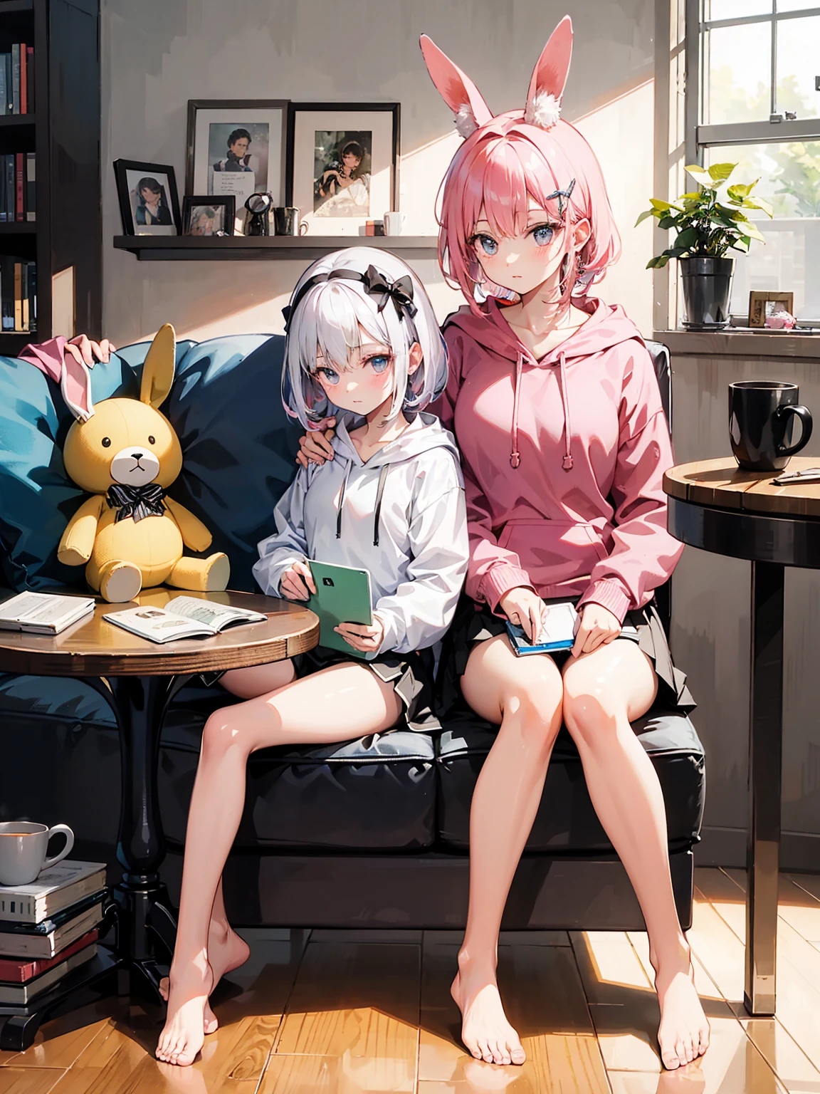 a character in a cozy indoor setting. The character has long, wavy, pastel pink hair styled with a side tail and a white floral hair accessory. Their eyes are a striking shade of purple, gleaming with a gentle expression. The character is wearing a loose-fitting pink hoodie over a dark-colored skirt or shorts. They are sitting on the floor, barefoot, with their legs folded to one side. In their arms, they hold a plush toy of a brown bunny with long ears and a bow tie. The scene is warm and inviting, with a soft glow that suggests a relaxed, comfortable atmosphere. Nearby items include a notebook on the floor and a mug on a small round table, contributing to the laid-back ambiance of the room.