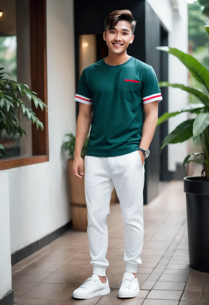 Realistic photo 1:4)) 22 year old Indonesian young man, handsome Asian from Indonesia wearing a white t-shirt, detailed, black and red sleeves with horizontal and vertical stripes, detailed, long white jogger pants, wearing rebook shoes, detailed, full body appearance smiling gently, standing on the door steps of a luxury cafe, green plants, realistic details, HD 1:4 quality photography, cinematic