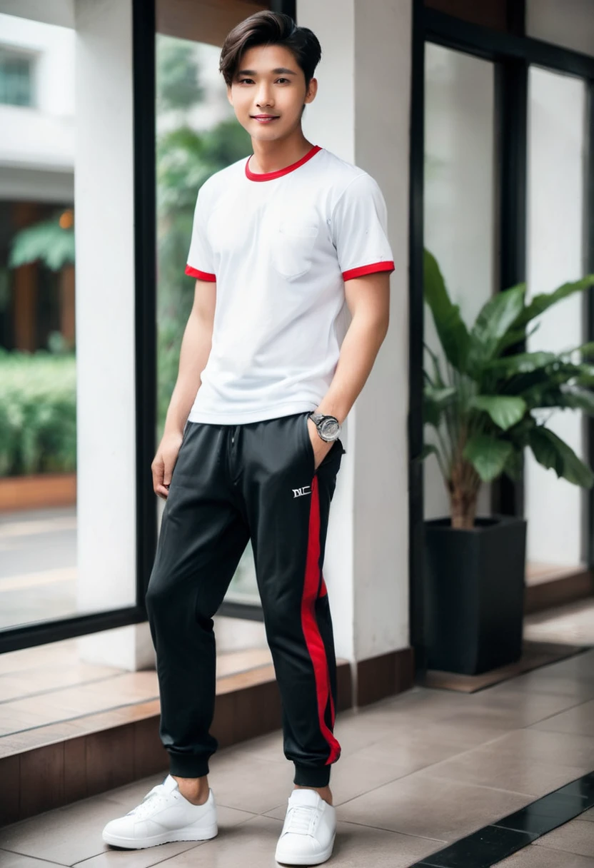 Realistic photo 1:4)) 22 year old Indonesian young man, handsome Asian from Indonesia wearing a white t-shirt, detailed, black and red sleeves with horizontal and vertical stripes, detailed, long white jogger pants, wearing rebook shoes, detailed, full body appearance smiling gently, standing on the door steps of a luxury cafe, green plants, realistic details, HD 1:4 quality photography, cinematic