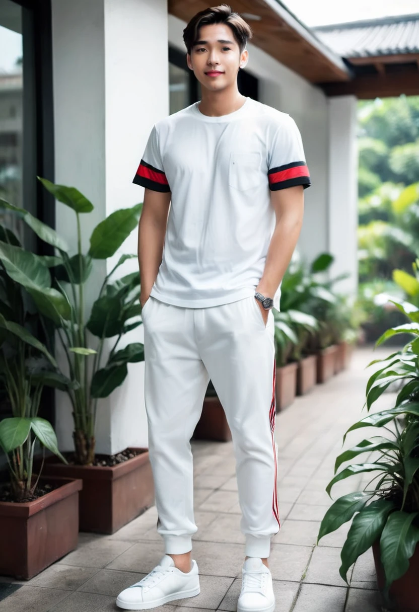 Realistic photo 1:4)) 22 year old Indonesian young man, handsome Asian from Indonesia wearing a white t-shirt, detailed, black and red sleeves with horizontal and vertical stripes, detailed, long white jogger pants, wearing rebook shoes, detailed, full body appearance smiling gently, standing on the door steps of a luxury cafe, green plants, realistic details, HD 1:4 quality photography, cinematic