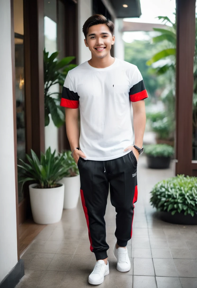 Realistic photo 1:4)) 22 year old Indonesian young man, handsome Asian from Indonesia wearing a white t-shirt, detailed, black and red sleeves with horizontal and vertical stripes, detailed, long white jogger pants, wearing rebook shoes, detailed, full body appearance smiling gently, standing on the door steps of a luxury cafe, green plants, realistic details, HD 1:4 quality photography, cinematic