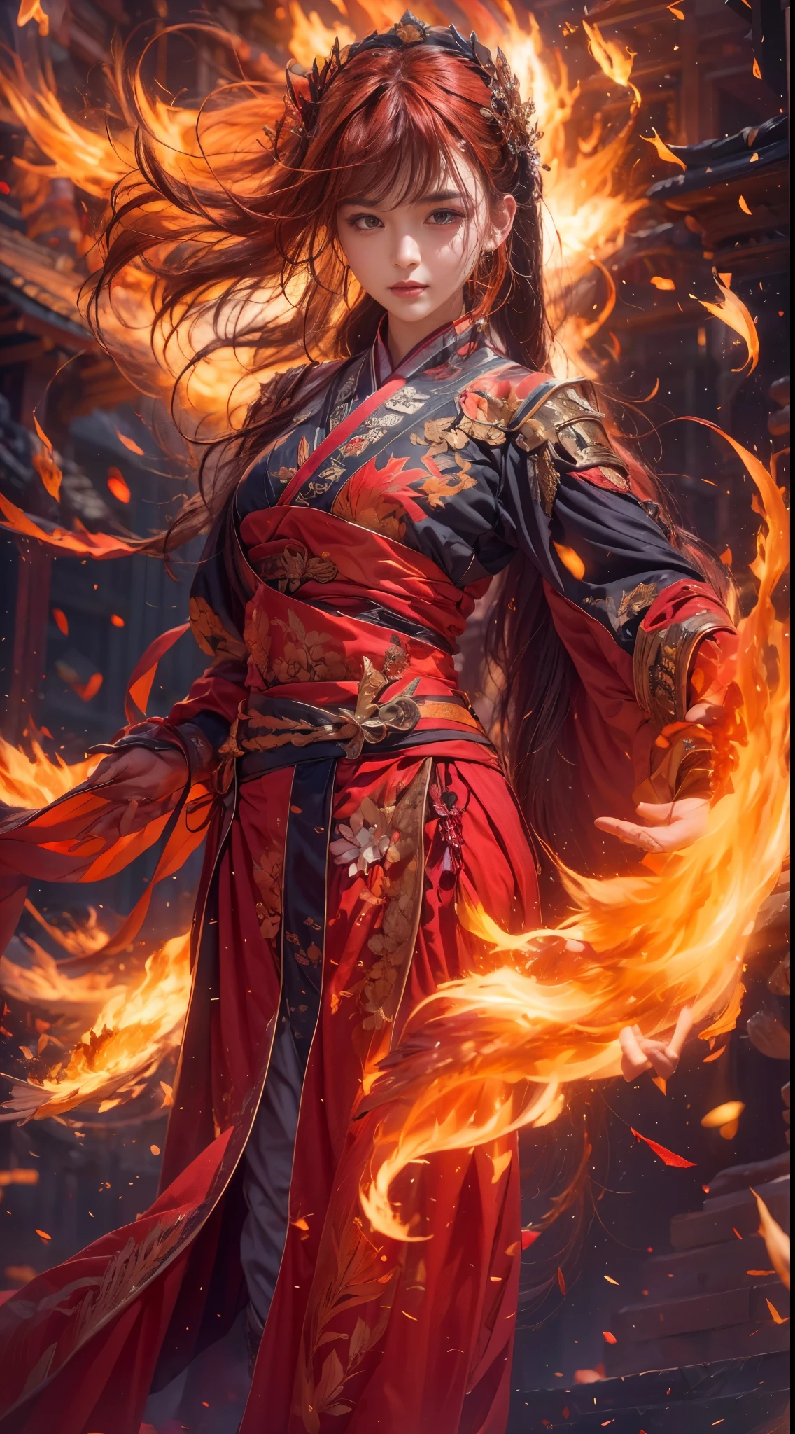 (full body portrait), (close up) ,1 girl，korean girl, ************, Fire mage wearing fiery red clothes（Chinese Hanfu），The robe is embroidered with intricate runes，Decorated with a burning scent。He was tall and strong，Raise your hand，Powerful fire spells are being unleashed, His eyes are firm and sharp，A fire flashed in the flame mage&#39;s eyes，（A huge flaming phoenix spreads its wings and flies：1.2),（Phoenix feathers burn with blazing flames), it sparkles，Its body is surrounded by flame feathers，Dancing，Forming a spectacular flame hexagonal star array pattern，Full of mysterious magic，The whole scene is full of fiery aura and passion for fighting，Large fire spells bloom in the air，A brilliant arc of flames and splashing sparks form，（Fire Mage and Phoenix），Look majestic and mysterious in the raging fire，Like the embodiment of fire and magic，Red hair，high detail，Surrealism，realism，（（Half-length photo）），（real picture：1.4），（chiaroscuro），movie lighting，Realistic special effects，Render by Octane，Ray tracing，panoramic，perspective，textured skin，Ultra-detailed，ultra high definition，masterpiece，anatomically correct，best quality，high resolution，8K