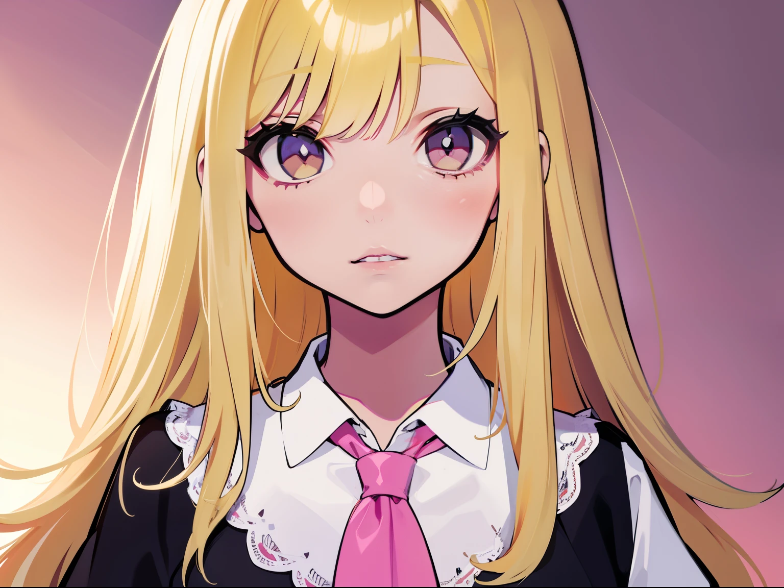 blonde, long light hair, a white blouse, pink lips.
