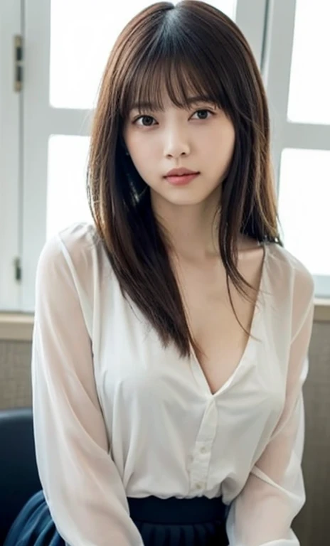 masterpiece、highest quality、16K、soft light、professional lighting、Pale shading、Weak contrast、Japanese、beautiful girl、daytime office、Window seat、sitting in front of the computer、A loose white see-through blouse、The skin is visible through the fabric、nipple、navy pleated skirt、(smooth and beautiful thighs:1.6)、(Just the right size for medium breasts:1.0)、Faint cleavage、fine and beautiful eyes、(cute hanging eyes)、(thin eyebrows)、(thin lips)、gentle smile、(Thin, straight, long hair、high ponytail),(The bangs are see-through bangs)、