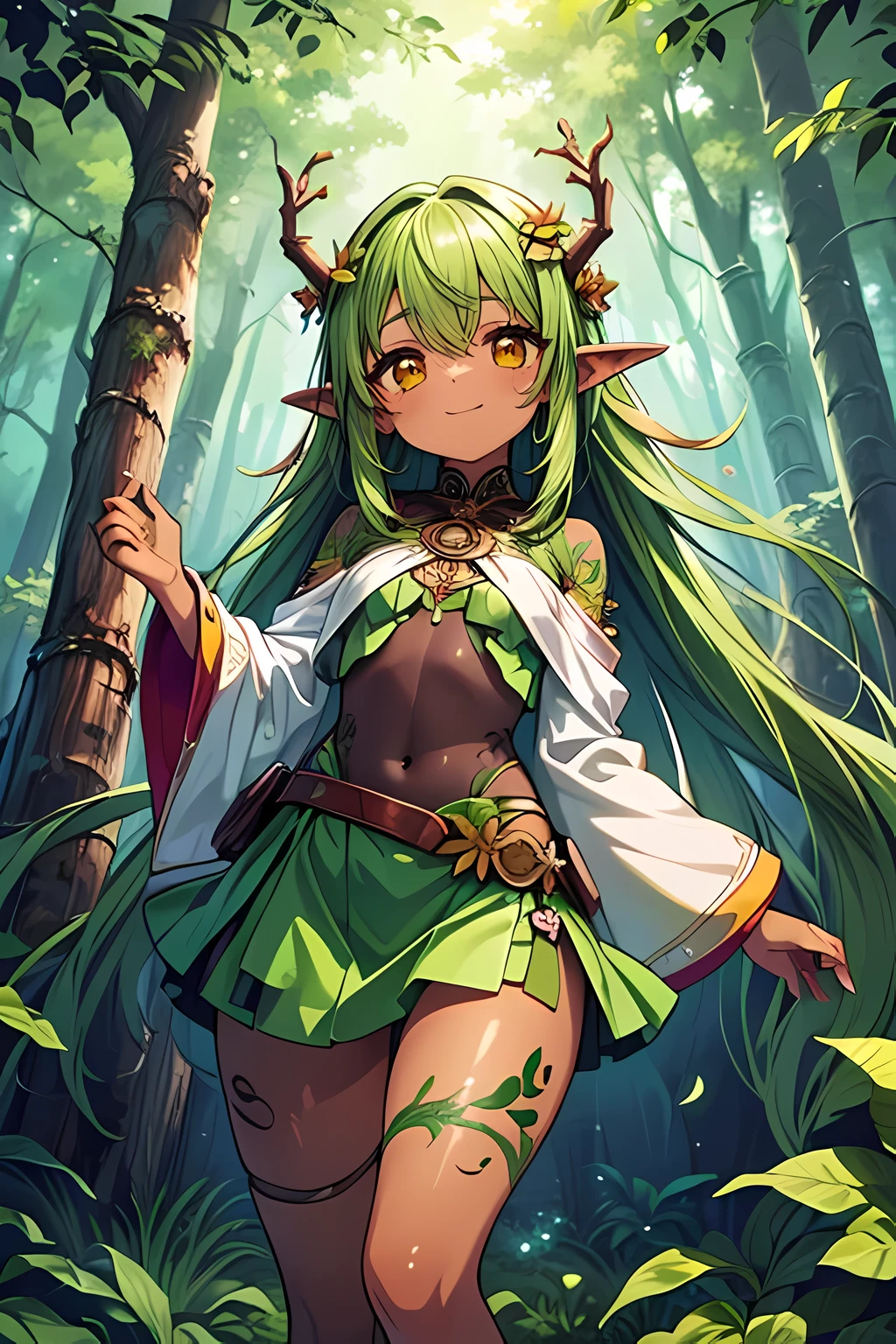 (best quality, highly detailed, masterpiece, official art, detailed eyes, deep eyes:1.3), (very young child:1.5), cowboy shot, ((1 dryad, long hair, green hair, yellow eyes, large leaves on the head1.5)), (plant girl, serene smile:1.2), blush, ((intricate tattoos, green tattoos:1.3)), nature, ((leaf skirt, Leaf clothes, leaf dress, clothes made of plants:1.6)), vines on legs, (dark brown skin:1.3), small breasts, ((Fantastical, myth, Tree Spirit, World Tree, fused with wood, deep forest background:1.3)), shoot from below