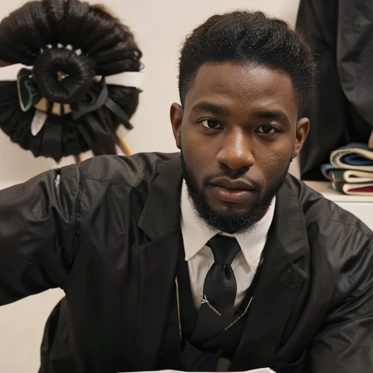 A very realistic potriat of a black Nigerian male about 0 with low cut and beards puting on an office suit and a tie. Studio picture, white background, well lit, alone, looks responsible