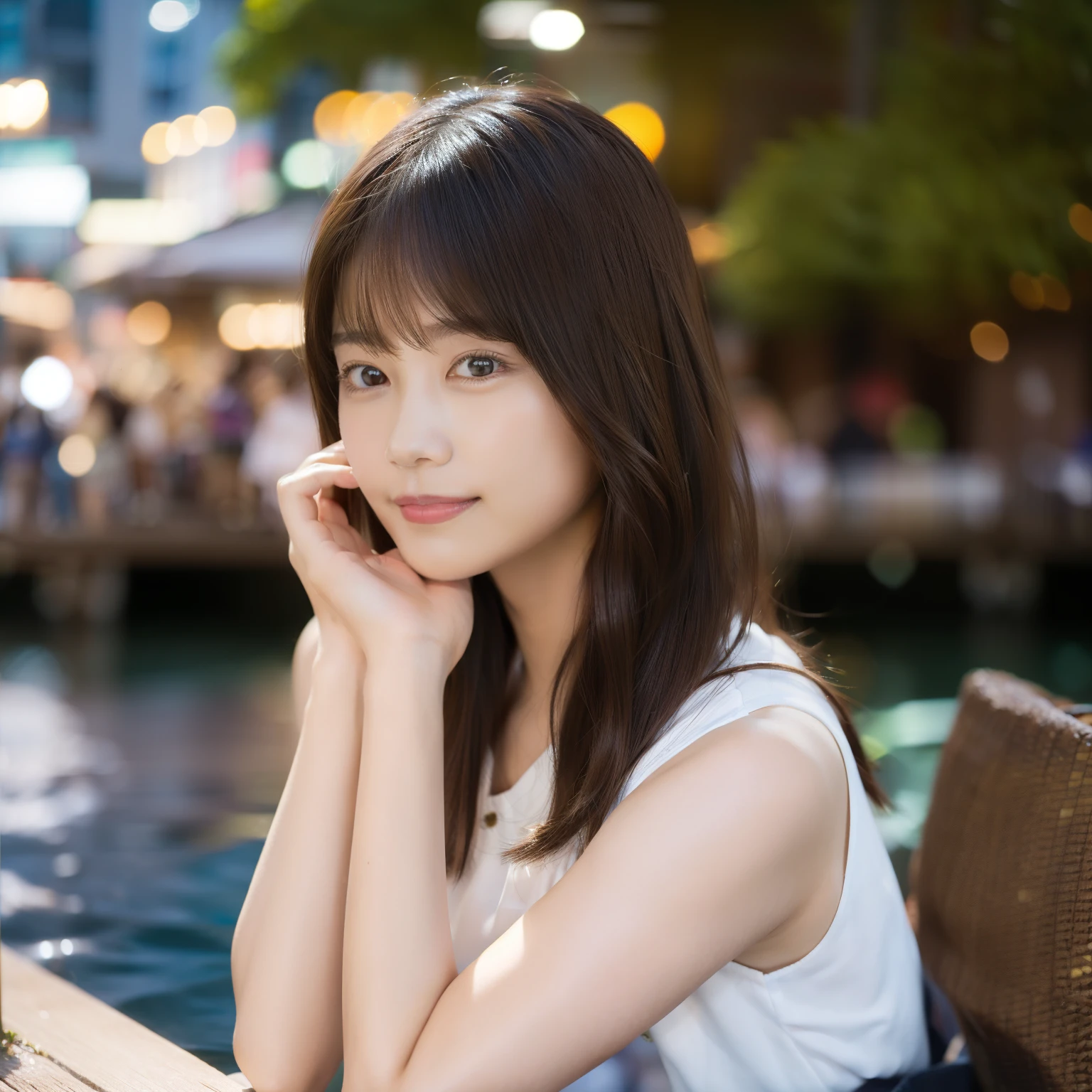 8K,highest quality, 超A high resolution, (realistic:1.4), Raw photo, (upper thigh:1.3, From the side:1.1), (Bokeh:1.4), (in a suite:1.4),Waterside Cafe, 1 japanese girl, cute, (alone:1.6), (shy smile), (dark brown eyes), smooth skin, (brown medium hair,bangs), (touch hair:1.4),Nogizaka,garden,fashionable clothes、Are standing、beautiful fingers:1.1