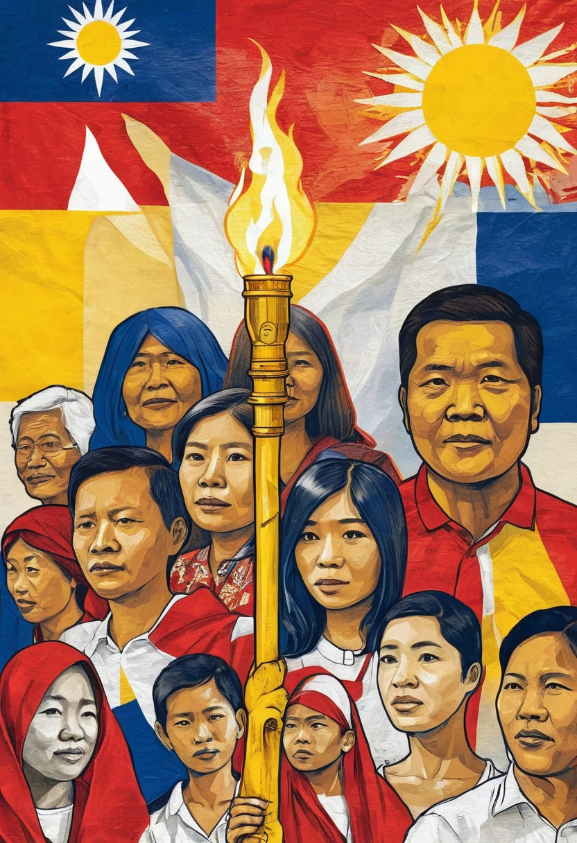  There should be a torch in the middle. A dynamic poster symbolizing democracy in the Philippines features a central torch representing freedom and democratic ideals. Surrounding it are scenes from the People Power Revolution and a collage of diverse faces, showcasing unity and inclusivity. Colors of the Philippine flag—blue, red, white, yellow—embody patriotism and hope. Text overlays convey messages of "Unity in Diversity" and "Defending Democracy," inspiring pride and commitment to democratic values.