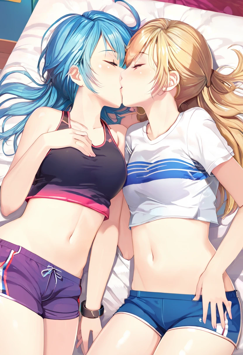 Two girls lie next to each other, embracing and kissing, in running shorts, short shorts,