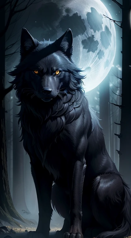 black wolf, shining yellow eyes, dark forest, scary environment, Soft blue light, Pale Moon