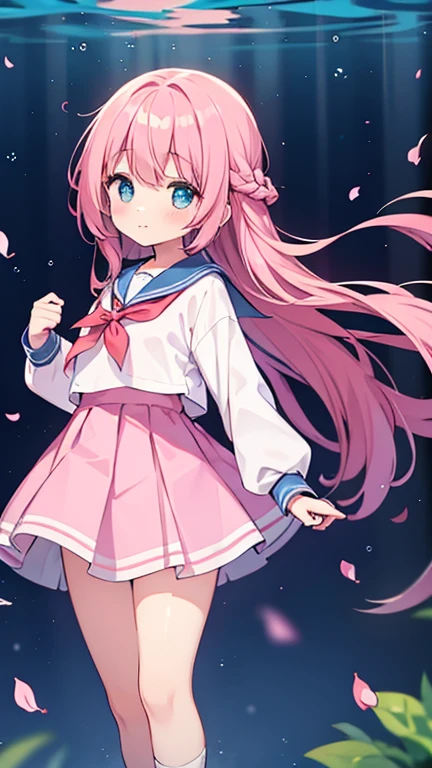 beautiful illustrations, highest quality, (12 year old girl:1.4)、(pretty girl:1.5)、、(inside the aquarium)、flat chest、sailor collar、(White long tunic)、long sleeve sailor suit、Blue-line cuffs、(pink chino shorts:1.4)、(pink shorts with wide opening:1.2)、Gap between thigh and pants、slim thighs、white socks、 cinematic lighting, (pink long hair)、pink straight hair、redness of cheeks、(Braiding of the back of the head)