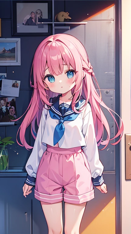 beautiful illustrations, highest quality, (12 year old girl:1.4)、(pretty girl:1.5)、、(inside the aquarium)、flat chest、sailor collar、(White long tunic)、long sleeve sailor suit、Blue-line cuffs、(pink chino shorts:1.4)、(pink shorts with wide opening:1.2)、Gap between thigh and pants、slim thighs、white socks、 cinematic lighting, (pink long hair)、pink straight hair、redness of cheeks、(Braiding of the back of the head)