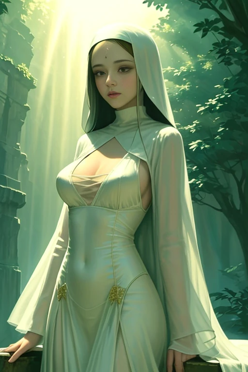 (Masterpiece, top quality, best quality, official art, beautiful and aesthetic: 1.2), (1 old slim nun), Extreme detailed, colorful, highest detailed, full body shot, Taken from below, Outdoor setting, Fully clothed, Covered gigantic breasts, Braless, Hidden cleavage, Delicate and intricate robe, Soft and flowing fabric, Slender and graceful figure, Serene expression, Harmonious composition, Atmospheric perspective, Soft focus, Golden hour lighting, Sunrays filtering through, Shimmering aura, Noble and spiritual, Neo-classical, Minimalist, Zen-inspired, Det