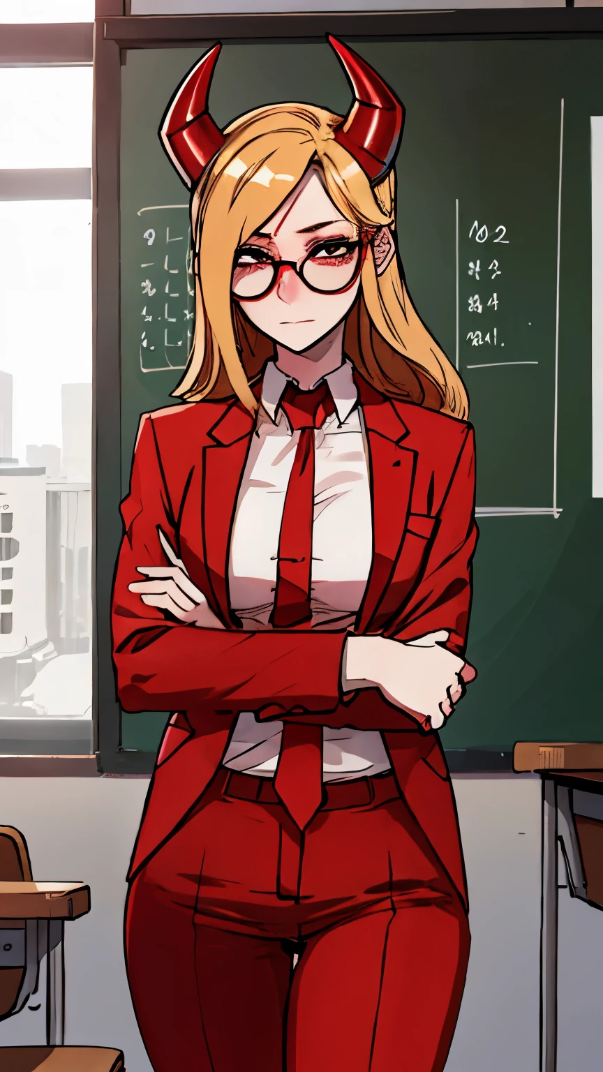 Girl with blond hair at school, small red horns, wearing red glasses, in a red business suit,