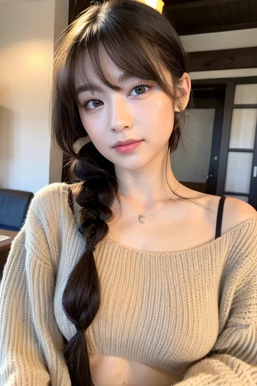 ((Best quality, 8k, Masterpiece :1.3)), 1girl, Pretty woman with emphasizing slender abs :1.3, (random hairstyles, Casual outfit :1.2, Indoor, Ultra-detailed face, Detailed eyes, Double eyelid, japanese
