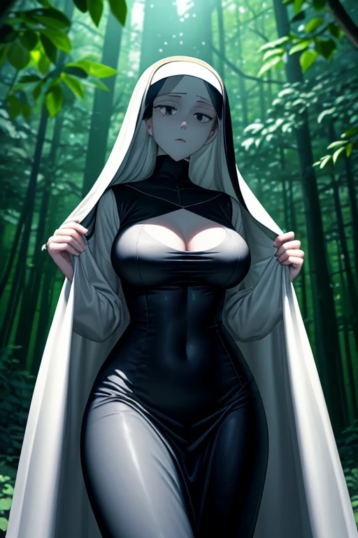 old slim nun, standing outdoors with a full body shot taken from below, her figure clothed in habitual attire, yet her gigantic breasts and cleavage remained covered – a testament to her religious devotion. The braless nature of her outfit was concealed beneath the voluminous garments, revealing only the slender curves of her waist and the worried expressions etched across her face. The sunlight gleamed off the shiny fabric of her habit, showcasing the intricacies of the nun's attire and the subtle contours of her body.