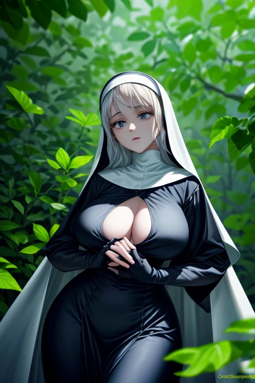 old slim nun, standing outdoors with a full body shot taken from below, her figure clothed in habitual attire, yet her gigantic breasts and cleavage remained covered – a testament to her religious devotion. The braless nature of her outfit was concealed beneath the voluminous garments, revealing only the slender curves of her waist and the worried expressions etched across her face. The sunlight gleamed off the shiny fabric of her habit, showcasing the intricacies of the nun's attire and the subtle contours of her body.