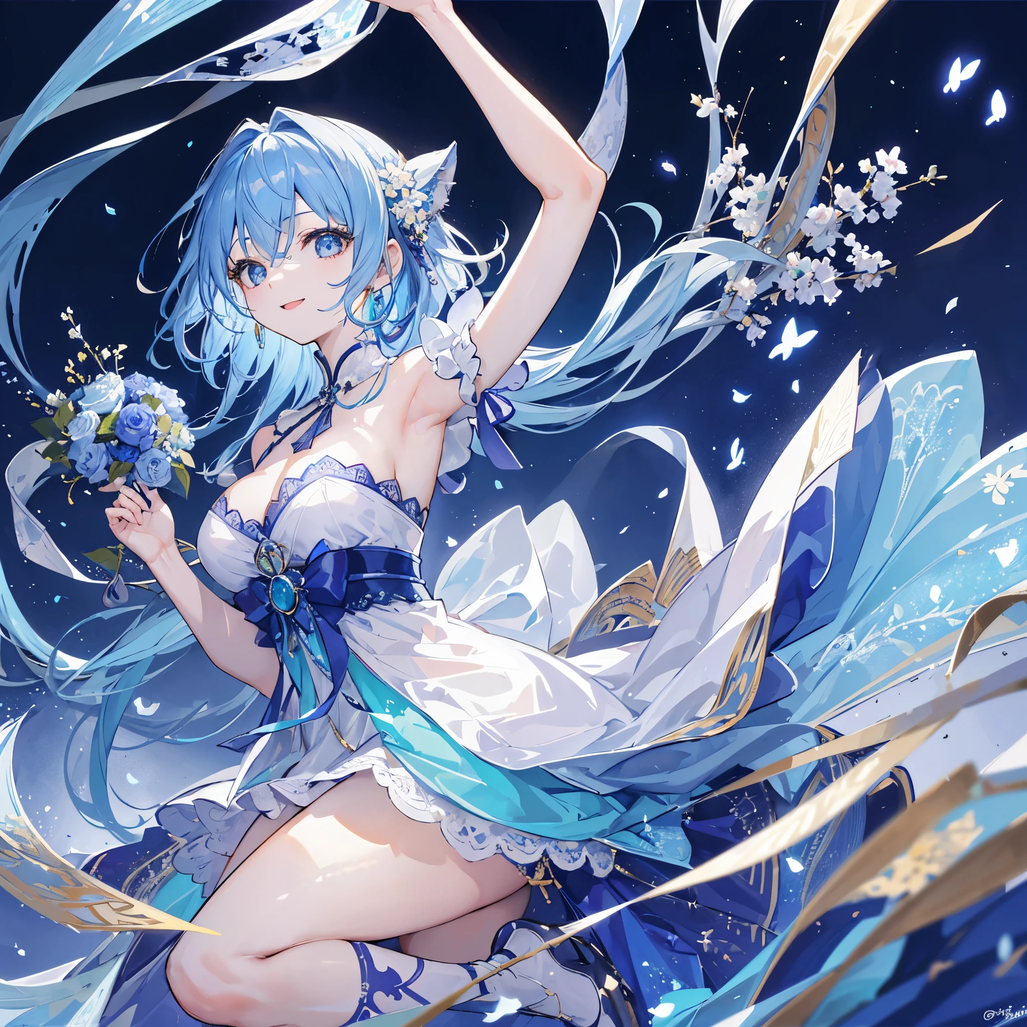 (((前超巨大なcity)))、solo、shiny hair、Colorful blue hair、bouquet of blue roses、diagonal angle、Highest image quality、masterpiece、perfect anatomy、luxurious dress、female、Jewelry decoration、Highest image quality、豪華なcity、city、Angle looking up、洋風のcity🏰、Stained glass、風格のあるcity、目立つcity🏰、smile、blue sky、