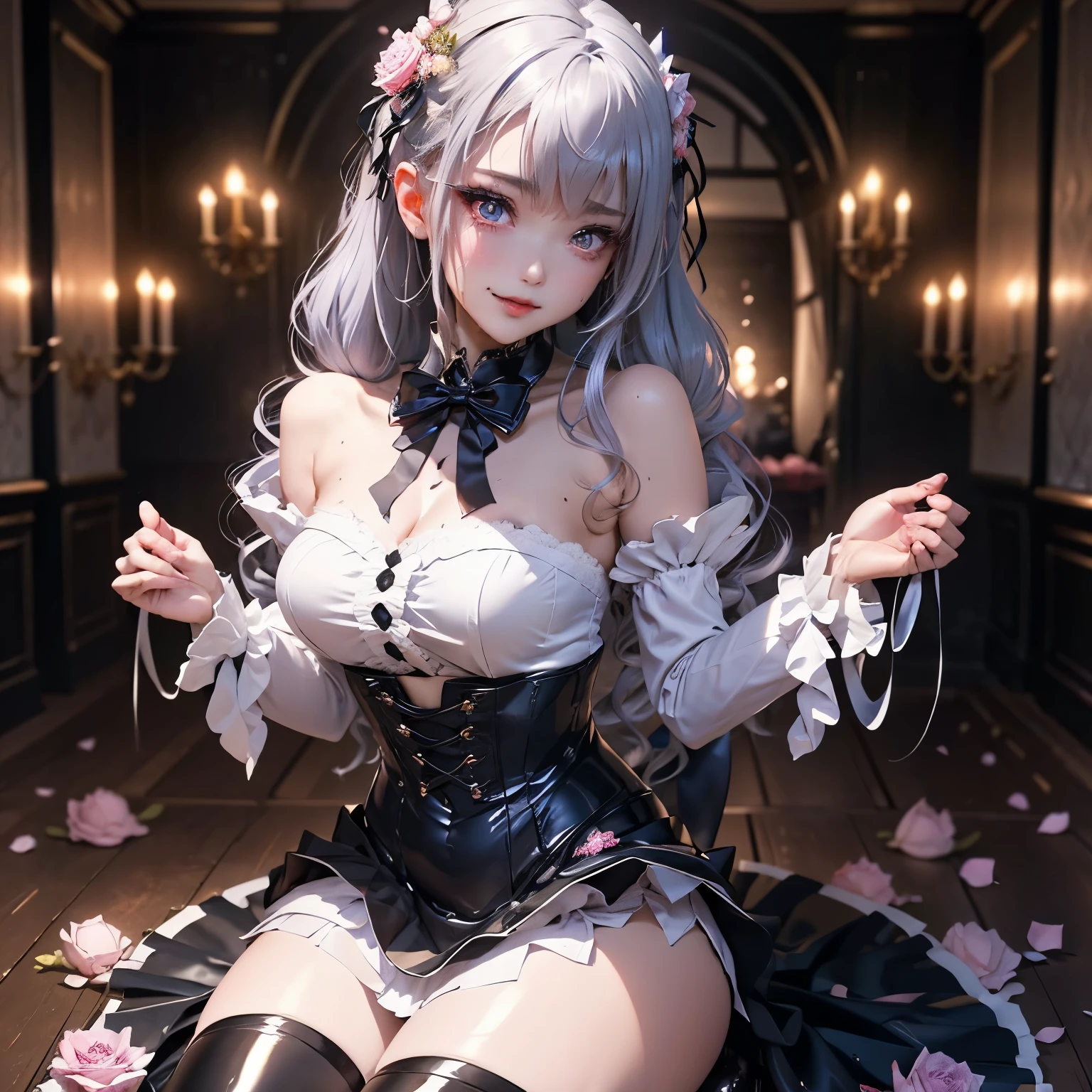 ハードdark gothicメイク、my sanity、deep night sky、horror、black dark eyeshadow、cry、grieve、Good skin glow、dark gothicメイク、dark smile、palace、fragrant beauty、22 years old、Expression of intense sexual pleasure、embarrassed look、dark gothic、lewd expression、highest quality、View 5 books、Expression of sexual pleasure in suffering、drunk face、purple maid outfit、Mysterious、Noble、A face that is holding back the toilet、super sexy、loving smile、twin tail hair、jet black ruffle skirt、right blue eye, left eye is red、Super bewitching pose、platform heel shoes、dark makeup、black lipstick、make the world beautiful、gothic lolita clothing、A little slender、silver hair、long hair straight hair、Cute Gothic Lolita Dress、beautiful face、elegant face、bewitching face、knee high socks、Stained glassが背景、My chest is glistening with sweat、the room is dark、goth long dress、bell sleeve、wizard sleeve、decadent look、sexually excited look、gothic mode、Glossy thighs wet with water、Thighs wet and shiny with oil、Background of a room full of roses、sad expression、Rose Maiden、The embroidery is pink、The costume has pink embroidery、thigh high socks、knee high socks、Her thighs shine with a lot of sweat、My body is wet and shiny、Lots of glitter on the thighs、sweating、My thighs are sticky from sweating、Sweat glistens on my thighs, The whole body is sweaty and shiny、pretty sweaty、My thighs are sweaty、my thighs are so wet、I sweat a lot and my thighs are shiny....、A large amount of sweat shines all over the body、slender body、gentle expression、masturbation behavior、deep black eyeshadow、despicable act、Stained glassと薔薇背景、wearing black underwear、black panties、thighs are a little thin、duo、female couple、i have lesbian friends、Are standing、hug a girl、upright、walk、Blue lightning flashes on his right hand、Electromagnetic waves glow、Dark Church Background、Stained glass、black metal world、Dark castle、Room of Darkness、