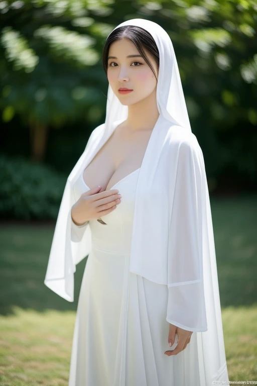 ((Best quality, 8k, Masterpiece: 1.3)), 1 old slim nun, standing gracefully outdoors, captured in a full body shot, taken from below to accentuate her divine presence, all while remaining fully clothed in her sacred garments. With remarkable modesty, her ensemble discreetly covers her gigantic breasts, ensuring no hint of impropriety, and conceals any trace of cleavage. The ethereal nun, true to her vows, defies convention as she radiates purity and spiritual devotion, transcending earthly desires.