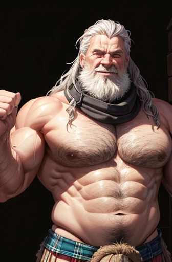 a very old, sweaty scotish red-haired oldman with silver hair, extremely muscular and extremely fat, over 70 years old, weighing more than 600 pounds with extremely large muscular and very flaccid and very hairy breasts with gynecomastia and very large, pointed and dark nipples with relaxed muscles bodybuilder with long wavy hair wearing a kilt in a scotish castel