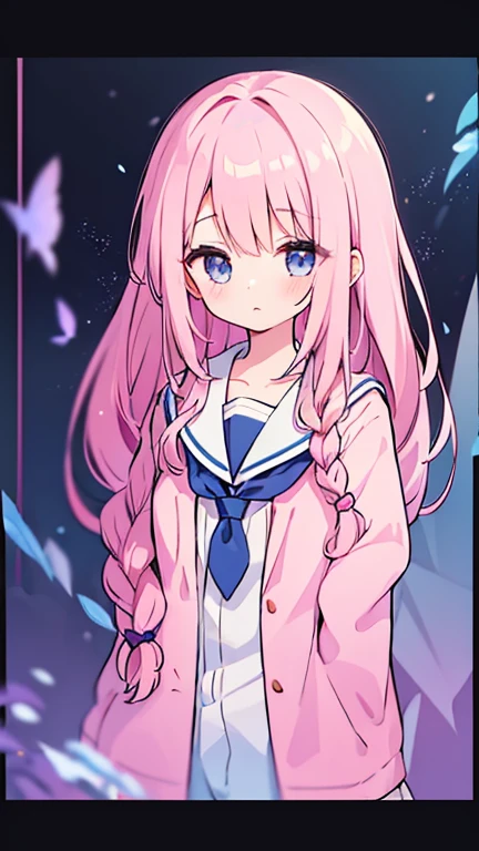 beautiful illustrations, highest quality, ( girl:1.4)、(pretty girl：1.5)、、(inside the aquarium)、flat chest、sailor collar、(White long tunic)、long sleeve sailor suit、Blue-line cuffs、(pink chino shorts：1.4)、(pink shorts with wide opening：1.2)、Gap between thigh and pants、slim thighs、white socks、 cinematic lighting, (pink long hair)、pink straight hair、redness of cheeks、(Braiding of the back of the head)