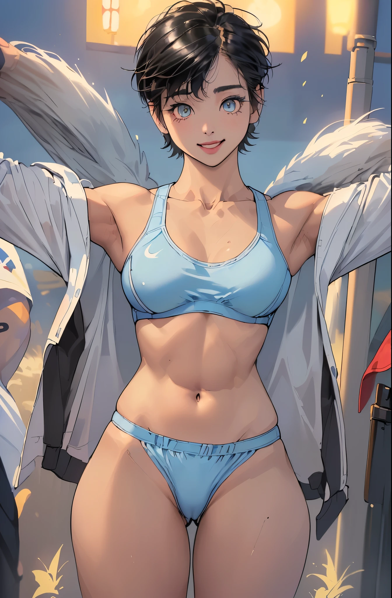 (best image quality:1.35), high quality, realistic pictures, (one beautiful woman:1.33), (japanese woman:1.5), beautiful expression, (big round eyes:1.3), (beautiful eyes:1.3), (detailed face:1.3), smile, (shiny hair:1.2), (black hair:1.3), Super detailed, High resolution, physical sporty, (big breasts:1.25), (short hair:1.5), (Beautiful woman), (cute navel:1.2), (Depth of written boundary f/1.2:1.45), sharp focus, Raw photo, (Light blue bloomers for sprinters:1.5), (No-frills athlete bloomers:1.5), (Light blue sports bra for sprinters:1.5), (light blue track bloomers:1.5), (light blue athletic sports bra:1.5), (spread your arms out to the sides:1.5), (well-proportioned hands and legs:1.25), (美しいthighs:1.5), (thighs:1.5), (thick round ass:1.3), (big ass:1.3), (cowboy shot:1.5), (Athletics stadium at night:1.4), (dark sky:1.2),