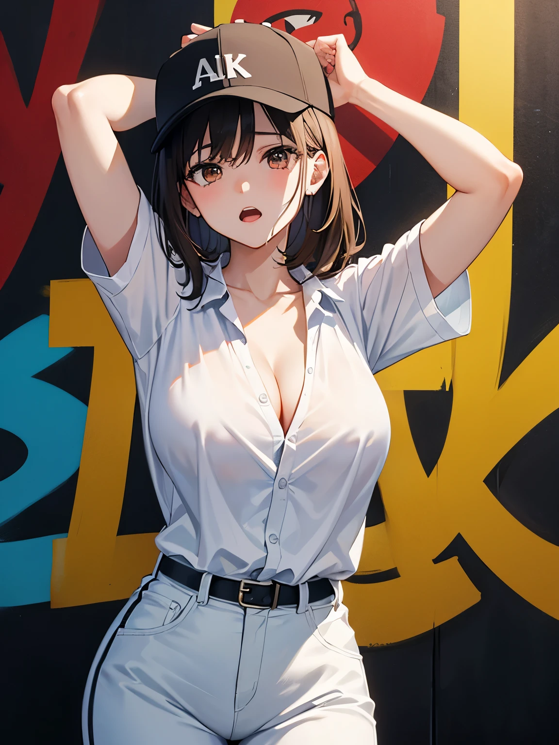  (ultra hd: 1.2), 8K resolution、Highly detailed face and skin texture, very big breasts、、perfect body shape、Medium of brown hair、white dress shirt、very big breasts、touch your chest with your hand、face turns red、casual shirt、black baseball cap、open your mouth、stretch out your arms、alley、cleavage、graffiti wall、play sports often