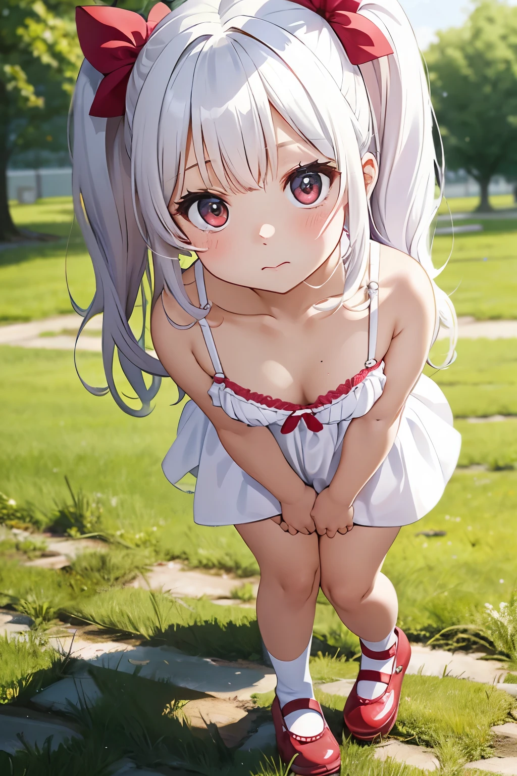 whole body、red shoes、((Extremely busty er、Huge that are about to spill))、human、Cute and young、((white bra、white panties))、embarrassing, blush、frills、Furifuri、grass、cute hairstyle、colorful hair color、Arms restrained behind the back, fold your arms behind your back, hands are hidden behind the body, Arms restrained behind the back,